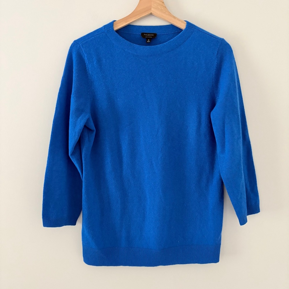 Talbots Sweater Pure Cashmere M Blue Classic Crew Neck 3/4 Sleeve Soft Knit